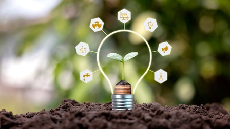 Pflanze wächst aus einer virtuellen Glühbirne aus der Erde heraus, ringsum zeigen sich Icons zum Thema Umwelt und Nachhaltigkeit