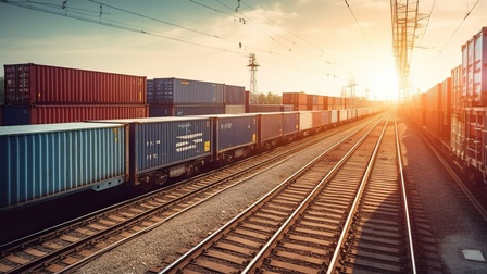Gleise im Sonnenuntergang, mehrere verschiedenfarbige Container 