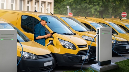 Auf einem Parkplatz parken viele gelbe Vans nebeneinander. Neben einem Van steht eine Person, die auf ein Tablet blickt. Vor den Autos stehen auf einer Wiese zwei E-Ladestationen, die teilweise mit den Vans verbunden sind