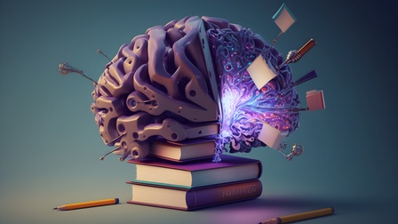 Illustration eines Gehirns auf Bücherstapel aus dem Unterlagen und Utensilien kragen, ringsum Bleistifte liegend