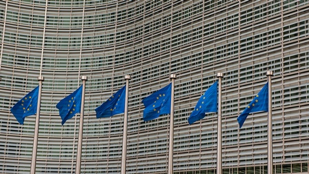 Sechs EU-Flaggen im Wind wehend, blaue Stoffe mit gelben im Kreis verlaufenden Sternen an Fahnenmasten, im Hintergrund Hausfassade mit Sonnenblenden