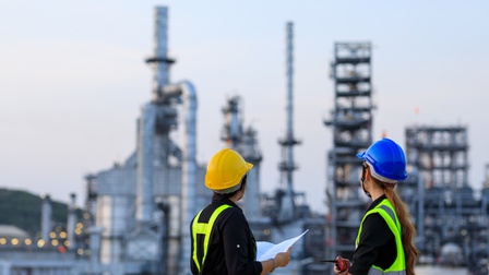 Rückenansicht zweier nebeneinander stehender Person mit Helm und Sicherheitswesten. Die rechte Person hält ein Walkie-Talkie. Im Hintergrund sind verschiedene Türme, Rohre und Leitungen aus metallenen Materialien. Die Personen blicken zu den Türmen