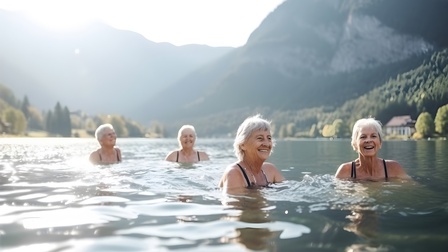 Aktive Seniorengruppe beim Schwimmen im See vor begrünten Bergen im Hintergrund