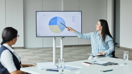 Person im Rollstuhl sitzt vor einem Monitor und zeigt mit einem Stift auf ein Diagramm während eine andere Person am Besprechungstisch sitzt