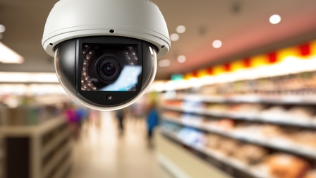 Nahaufnahme von einer Überwachungskamera in einem Supermarkt