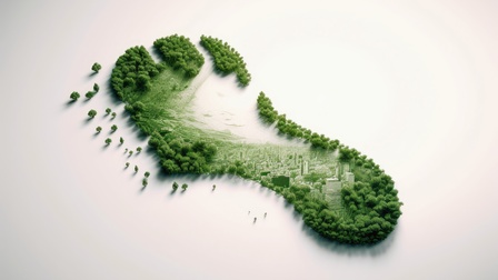 KI-generiertes eines hellen Hintergrunds, auf dem ein großer Fußabdruck ist. Der Fußabdruck besteht aus grünen Bäumen am Rand. Im unteren Bereich ist eine Panoramaaufnahme einer Stadt mit Wolkenkratzern