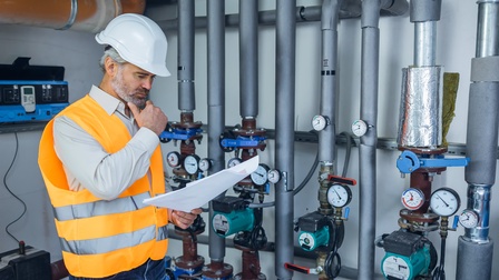 Bärtige Person in oranger Schutzweste mit weißem Helm steht vor Anlage mit Verrohrungen und Druckmessern und blickt auf Dokument in Händen