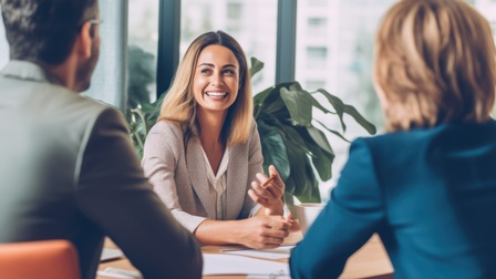 KI-generiertes Bild einer lachenden Person im Fokus an Tisch sitzend mit zwei weiteren Personen in Rückenansicht