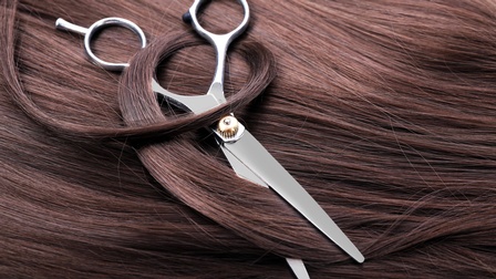 Schere liegt auf dunkelbraunen Haaren