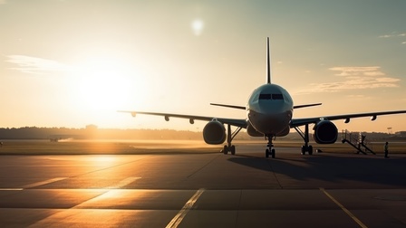 Flugzeug frontal auf Landebahn stehend im Sonnenuntergang