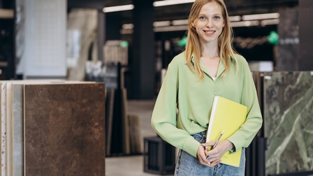 Lächelnde Person im Portrait mit gelber Mappe und Bleistift in Händen, im Hintergrund verschwommen Steinplattenmuster