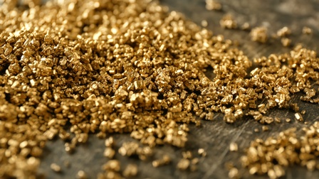 Detailansicht eines Haufens zahlreicher kleiner Goldnuggets