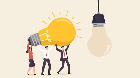 Illustration mit Menschen ein Businesskleidung, die eine Glühbirne tragen und zu einer defekten Glühbirne hintragen, Konzept Teamwork und Ideen