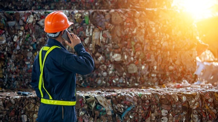 Person mit Schutzkleidung und rotem Schutzhelm steht vor einer Mülldeponie und telefoniert mit einem Smartphone