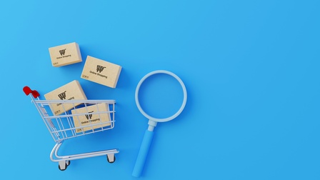 Auf blauem Hintergrund sieht man einen Einkaufswagen, in den vier Kartons mit der Aufschrift Online-Shopping und dem Symbol eines Einkaufswagens abgebildet sind. Daneben liegt eine Lupe. 