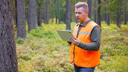 Eine Person mit kurzen, hellen Haaren, oranger Warnweste, langer Weste und Jeans steht in einem Wald neben einem Baumstamm und blickt auf ein Tablet. Im Hintergrund sind weitere Baumstämme
