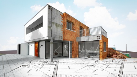 3D-Grafik eines sich im Bau befindenden Hauses aus Ziegeln und Beton, das teilweise auf einem Plan steht vor blauem Himmel mit vereinzelten Wolken.
