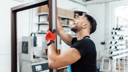 Person in blauer Arbeitslatzhose mit rotschwarzen Arbeitshandschuhen prüft Rahmen eines noch unverbauten Fensters ohne Glas, im Hintergrund verschwommen Regale mit Kisten, Maschinen sowie Gerüst mit  Fensterteilen