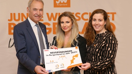 Wirtschaftskammerpräsident Peter Nemeth, Gründerin Anja Kager und Landesvorsitzende der Jungen Wirtschaft Burgenland Bea Ulreich.