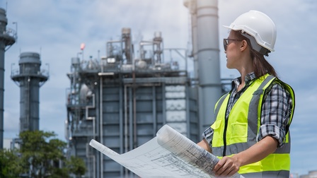 Person mit Warnweste und Schutzhelm hält mit beiden Händen einen Bauplan und blickt zu einem Fabriksgelände