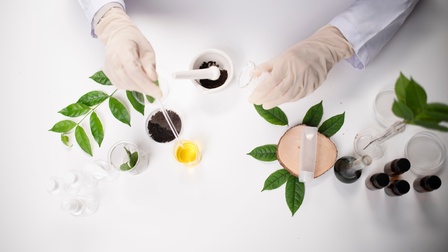 Aufnahme der Hände einer Person mit Handschuhen aus der Vogelperspektive. Die Person hält ein Reagenzglas in der einen Hand und hält eine Pipette in ein anderes Reagenzglas. Daneben stehen verschiedene Döschen und Gläser