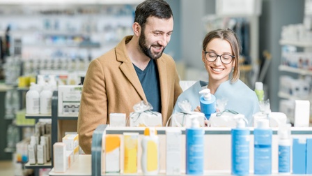 Zwei Personen stehen in einem Geschäft nebeneinander an einem niedrigen Regal. Auf dem Regal stehen verschiedene Kosmetikartikel. Die rechte Person hält eine Flasche. Beide Personen blicken darauf