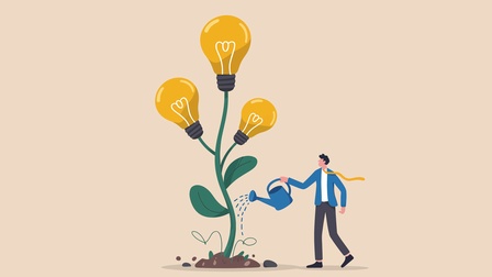 Geschäftsmann gießt eine Pflanze mit Glühbirnen als Blüten, die das Wachstum von Ideen symbolisieren.