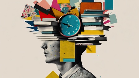 Bücher und Uhr sind vor das Gesicht eines Mannes platziert