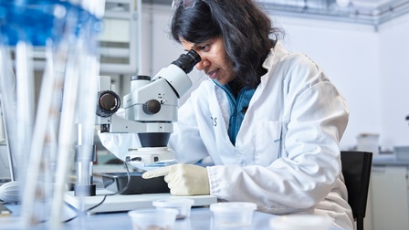 Person in weißem Arbeitskittel und Gummihandschuhe lugt durch Mikroskop