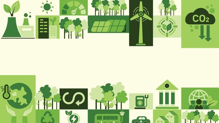 Illustration von Symbolen wie zum Beispiel Bäume, Windräder, Fahrzeuge mit Stromkabeln in unterschiedlichen Grüntönen zum Thema CO2-Reduktion
