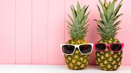 Zwei Ananas mit Sonnenbrillen vor einem rosa Holzhintergrund