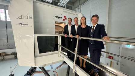 Manuel Meier (Lufthansa), Christian Theuermann, Michaela Fröhlich (beide Axis), Ernst Kohler (CEO Rega)