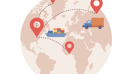Illustration einer Weltkugel in Beigetönen vor weißem Hintergrund, Man sieht Markierungen in Form von tropfenförmigen Icons, die durch strichlierte Linien verbunden sind. Es sind Symbole von einem Containerschiff, einem Lastwagen und einem Flugzeug.