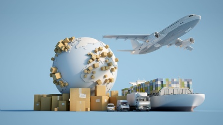 Flugzeug, Containerschiff und Lastkraftwagen als Symbol für Handel