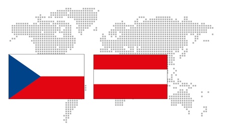 Nationalflaggen von Tschechien und Österreich vor einer Weltkarte