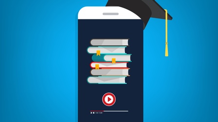 Illustration eines Smartphones auf blauem Hintergrund mit Bücherstapel und Play-Button am Display, am rechten oberen Eck des Smartphones hängt schräg Graduationshut