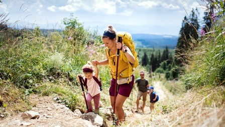 Familie beim Wandern in der Natur mit zwei kleinen Kindern und sonniger Wetterlage