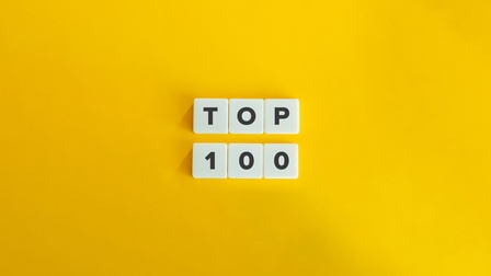 Illustration eines gelben Hintergrund. In der Mitte liegen in zwei Reihen jeweils drei weiße Würfel. In der oberen Reihe ist auf jedem Würfel ein Buchstabe, wodurch sich das Wort Top ergibt. In der unteren Reihe sind Zahlen, wodurch sich 100 ergibt