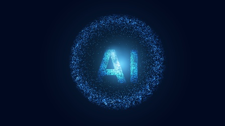AI-Schriftzug aus hellblauen Lichtpunkten, die sich um Schriftzug zu Kreis formen