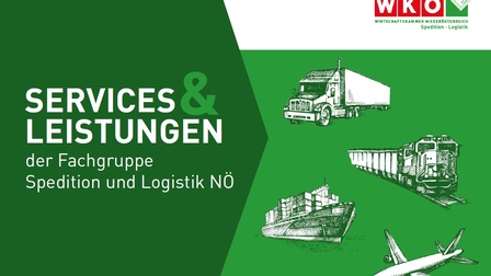 Titelbild der Broschüre ‚Services & Leistungen der Fachgruppe Spedition und Logistik NÖ‘ der Wirtschaftskammer Niederösterreich. Grünes Layout mit Illustrationen von Lkw, Zug, Containerschiff und Flugzeug als Symbole der Verkehrsträger Straße, Schiene, Wasser und Luft.