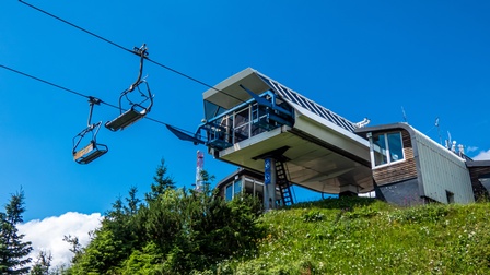 Eine Seilbahnstation vor blauem Himmel und ein paar Wolken. Vor der Seilbahn schweben Sessellifte. Darunter ist eine grüne Wiese