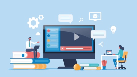 Vektor-Illustration eines blauen Hintergrunds, auf dem ein überdimensionaler Bildschirm ist. Auf dem Bildschirm ist ein Dreieck, das nach rechts ausgerichtet. Davor sitzt eine Person eine Bücherstapel und eine sitzt an einem Tisch