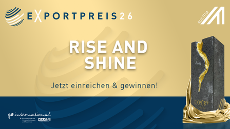 Grafik eines gold-blauen Hintergrunds, auf dem Exportpreis 26, rise and shine sowie jetzt einreichen und gewinnen steht. Rechts im Bild ist eine Trophäe, auf der Exportpreis steht
