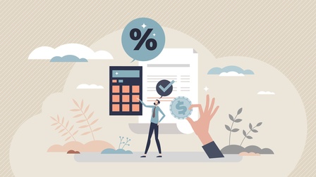 Vectorgrafik Finanzen mit einer Person, einem Taschenrechner, einem Prozentzeichen, einem Formular sowie einer Hand mit einer Dollarmünze, floral reduzierter Hintergrund mit Wolken