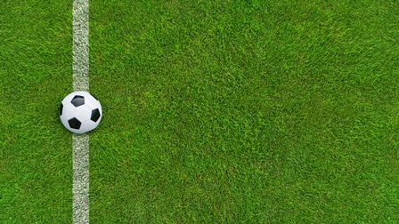Topshot: Ein Fußball liegt auf einer weißen Linie auf einem Fußballfeld.