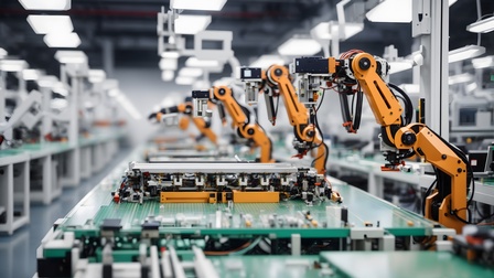 Orangene Roboterarme und Förderbänder in einer Fertigungsanlage. Generative KI