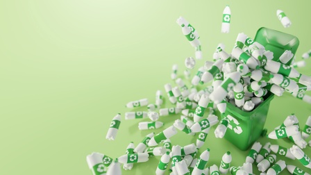 Rendering einer grünen Mülltonne auf einem grünen Boden. Um und in der Tonne sind viele weiße Plastikflaschen, auf die ein Etikett mit drei weißen Pfeilen gedruckt ist, die einen Kreis bilden und für Kreislaufwirtschaft stehen