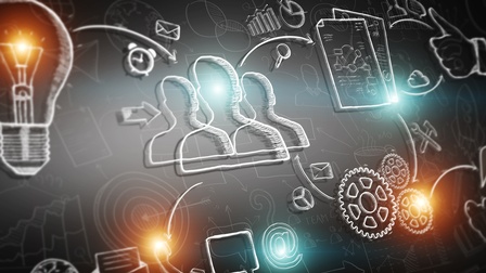 Collage unterschiedlicher Symbole mit leuchtenden Lichtpunkten hie und da: Personen, Glühbirnen, Zahnräder, Pfeile, Diagramme und mehr