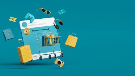 Vektor-Illustration eines Einkaufwagens, befüllt mit Einkaufstaschen vor einem türkisen Quadrat, das ein Tablet symbolisiert. Ringsum schwirren eine Sonnenbrille, ein Koffer, eine Kamera, Kopfhörer, ein Prozentzeichen und zwei Einkaufstaschen herum.