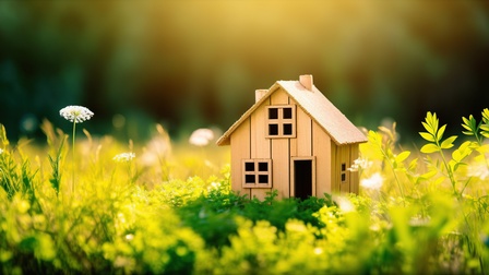 Miniatur Holzhaus steht idyllisch in einer Wiese und die Sonne scheint darauf, Konzept Holzbau